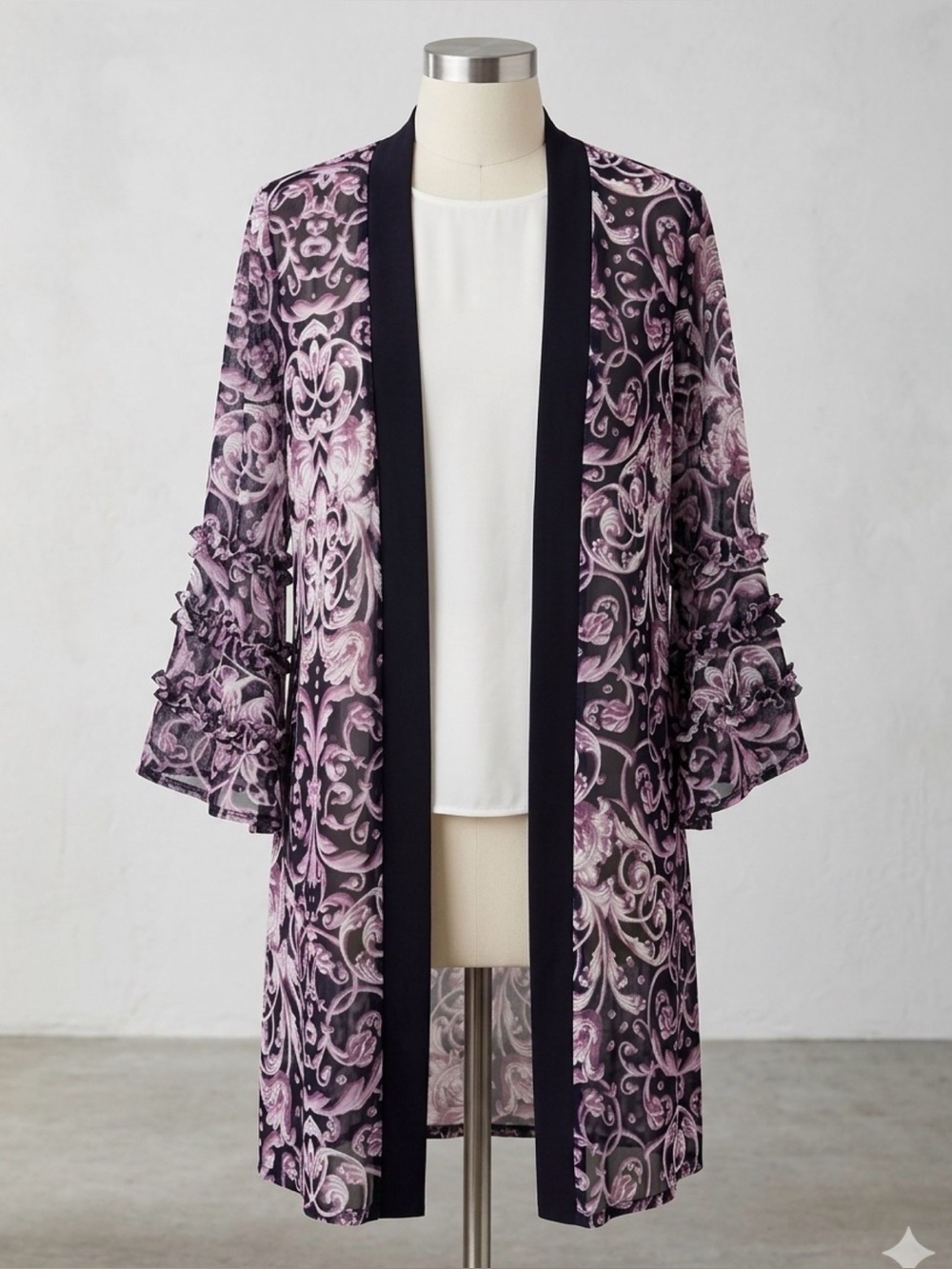 R&M Richards Lavender Floral Lace Open-Front Robe with Black Trim